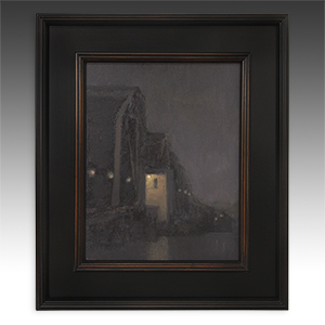 钢桥nocturne painting by Brian Sindler, oil on board; PRIMITIVE I.D. #P1600-004