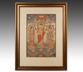 西藏唐卡或虔诚的丝绸编织描绘原始佛陀