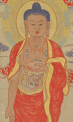 西藏唐卡或在丝绸上描绘乔达摩佛的宗教绘画