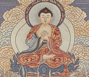 从丝绸thangka的细节描述菩萨打手势dharmachakra mudra
