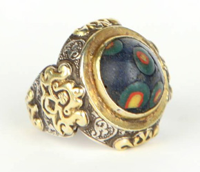 Sterling和Gold Wash戒指与古代折叠玻璃'佛珠，'从阿富汗